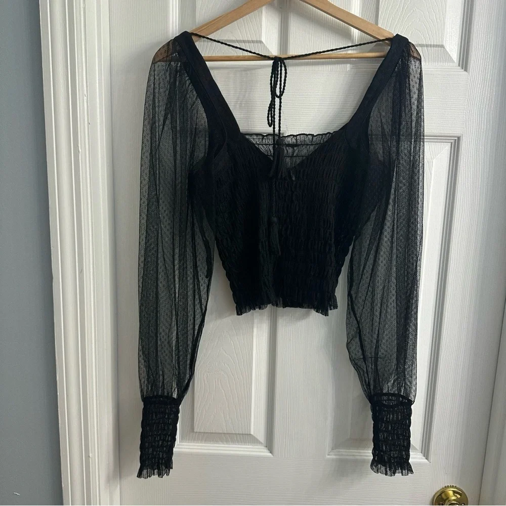 Free People Blouse Sheer Mesh Black Puff Sleeve Statement Sexy Size Extra Small